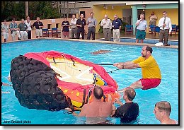 Doug Ritter demonstrates righting the Switlik POD-8 life raft